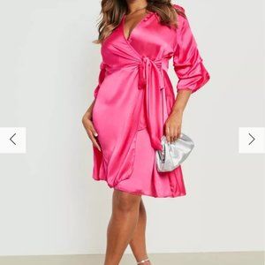 Plus Size Satin Wrap Dress with Ruched Sleeves
